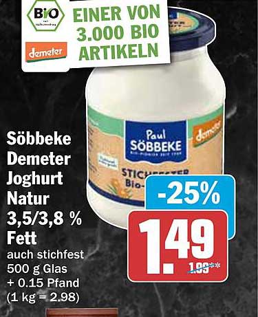 Söbbeke Demeter Joghurt Natur 3,5/3,8 % Fett Auch Stichfest 500 G Glas ...