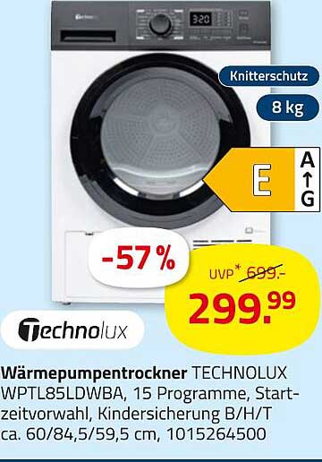 Wärmepumpentrockner TECHNOLUX WPTL85LDWBA, 15 Programme, Startzeitvorwahl, Kindersicherung B/H/T ca. 60/84,5/59,5 cm, 1015264500