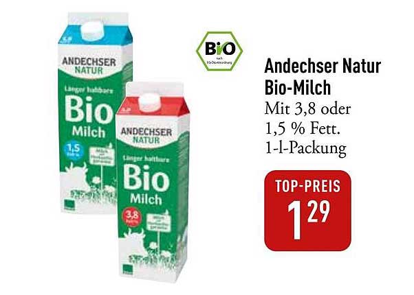 Andechser Natur Bio-Milch 1-l-Packung mit 3,8 % oder 1,5 % Fett