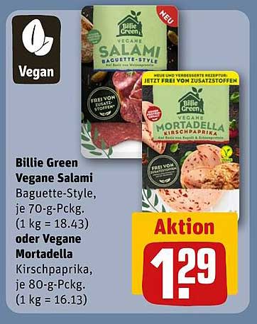 Billie Green Vegane Salami Baguette-Style oder Vegane Mortadella Kirschpaprika