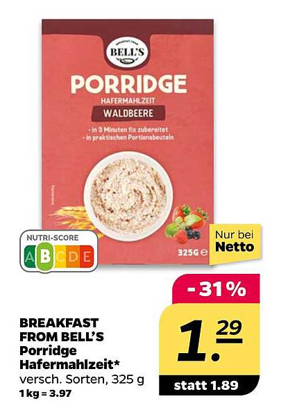 BREAKFAST FROM BELL’S Porridge Hafermahlzeit Waldbeere 325g