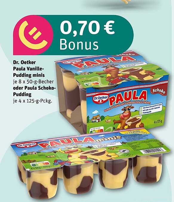 Dr. Oetker Paula Vanille-Pudding minis je 8 x 50-g-Becher oder Paula Schoko-Pudding je 4 x 125-g-Pckg.