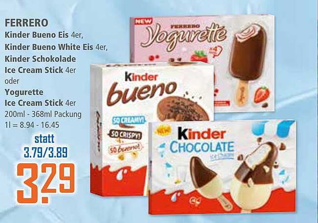 FERRERO Kinder Bueno Eis 4er, Kinder Bueno White Eis 4er, Kinder Schokolade Ice Cream Stick 4er oder Yogurette Ice Cream Stick 4er