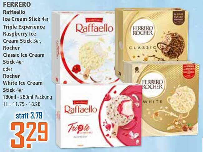 FERRO Raffaello Ice Cream Stick 4er, Triple Experience Raspberry Ice Cream Stick 3er, Rocher Classic Ice Cream Stick 4er, oder Rocher White Ice Cream Stick 4er