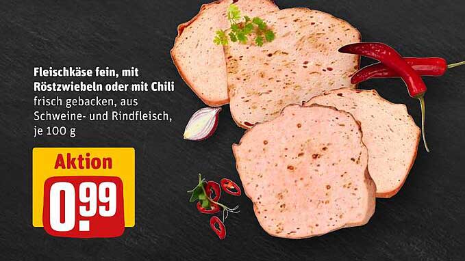Fleischkäse fein, mit Röstzwiebeln oder mit Chili, frisch gebacken aus Schweine- und Rindfleisch, je 100 g