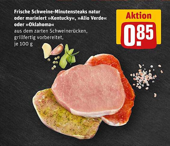 Frische Schweine-Minutensteaks natur oder mariniert 'Kentucky', 'Alio Verde' oder 'Oklahoma'