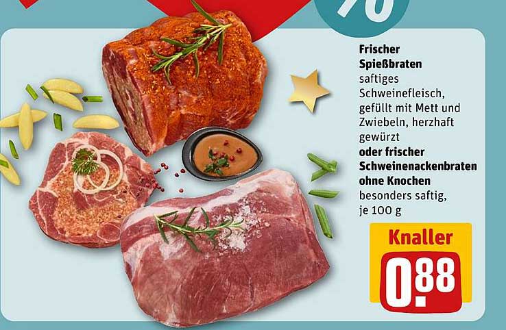 Frischer Spießbraten oder Schweinenackenbraten ohne Knochen, je 100 g