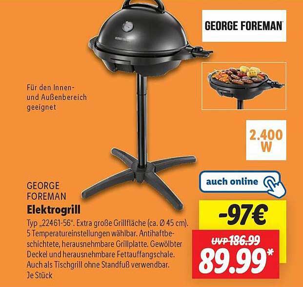 George Foreman Elektrog grill Typ .22461-56: Extra große Grillfläche (ca. Ø 45 cm)
