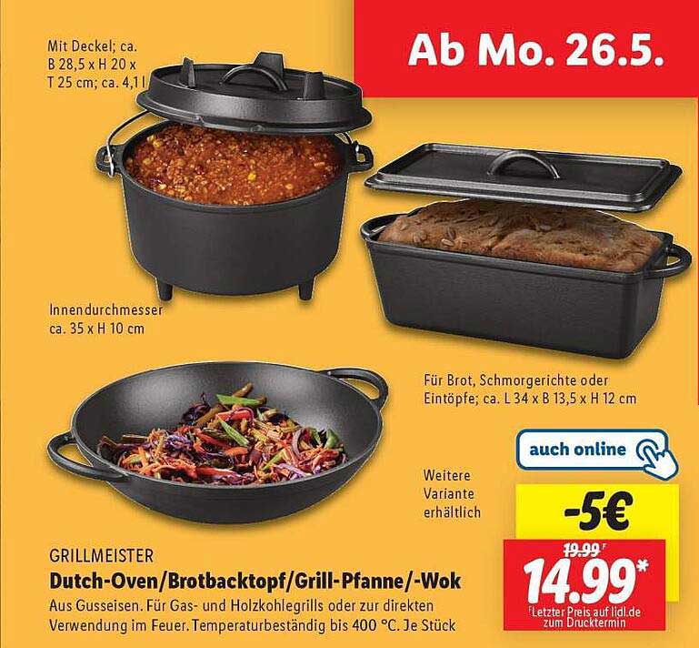 GRILLMEISTER Dutch-Oven/Brotbacktopf/Grill-Pfanne/Wok