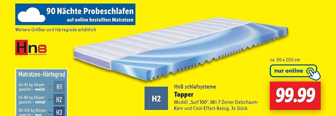 Hn8 Schlafsysteme Topper Modell „Surf 100“ mit 7-Zonen Gel-Schaumkern und Cool-Effect-Bezug