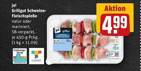 ja! Grillgut Schweine-Fleischspieße natur oder mariniert, SB-verpackt, je 450-g-Packg.
