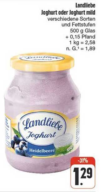 Landliebe Joghurt oder Joghurt mild verschiedene Sorten und Fettstufen 500 g Glas