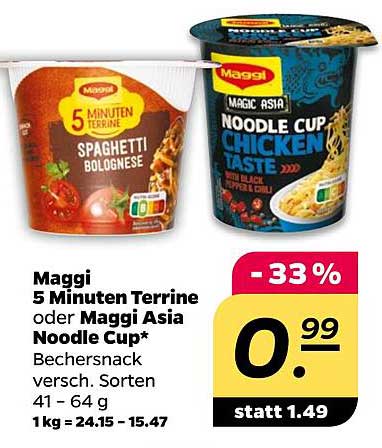Maggi 5 Minuten Terrine oder Maggi Asia Noodle Cup - 33 % Rabatt!