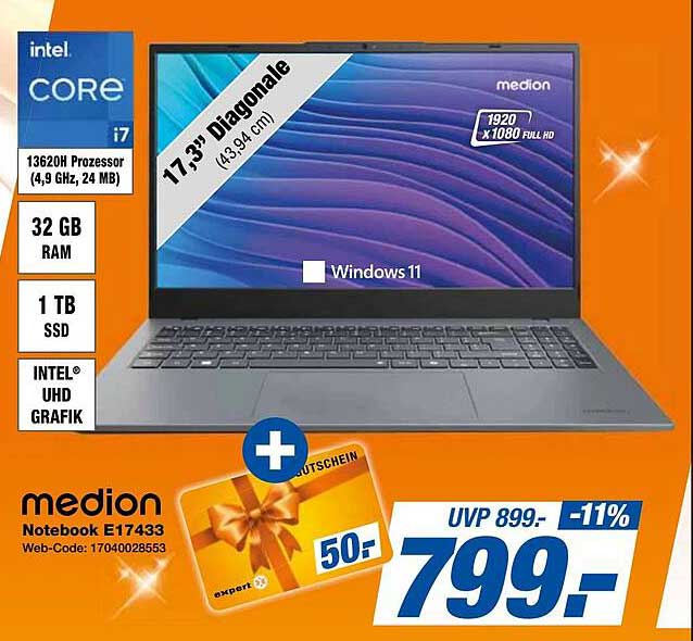 medion Notebook E17433 mit Intel i7 und 32 GB RAM