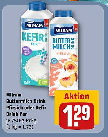 Milram Buttermilch Drink Pfirsich oder Kefir Drink Pur, 750 g