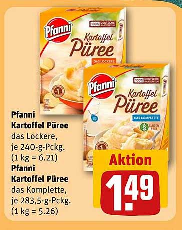 Pfanni Kartoffel Püree das Lockere, je 240-g-Pckg. (1 kg = 6,21) und Pfanni Kartoffel Püree das Komplette, je 283,5-g-Pckg. (1 kg = 5,26)