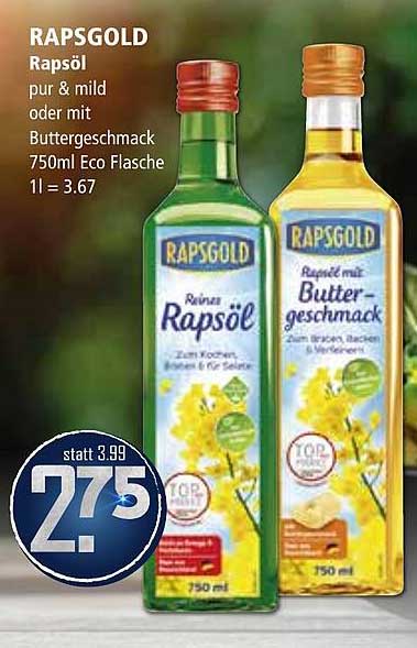 RAPSGOLD Rapsöl pur & mild oder mit Buttergeschmack 750ml Eco Flasche