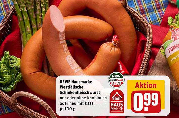 REWE Hausmarke Westfälische Schinkenfleischwurst mit oder ohne Knoblauch oder neu mit Käse, je 100 g