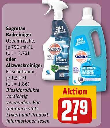 Sagrotan Badreiniger Ozeanfrische 750 ml oder Allzweckreiniger Frischtraum 1,5 l