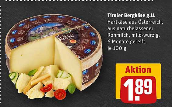 Tiroler Bergkäse g.U. Hartkäse aus Österreich, aus naturbelassener Rohmilch, mild-würzig, 6 Monate gereift, je 100 g