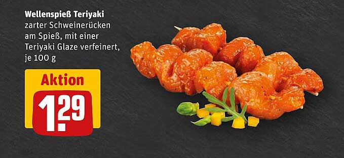 Wellenspieß Teriyaki - zarter Schweinerücken am Spieß, mit einer Teriyaki Glaze verfeinert, je 100 g