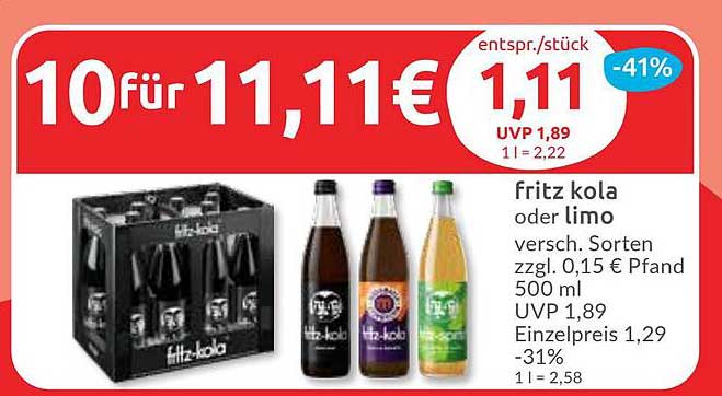 10 für 11,11€ Fritz Kola oder Limo