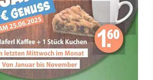 1,60 € für 1 Tasse Kaffee und 1 Stück Kuchen