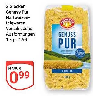 3 Glocken Genuss Pur Hartweizenteigwaren – Verschiedene Ausformungen, je 500 g zum Preis von 0,99 €