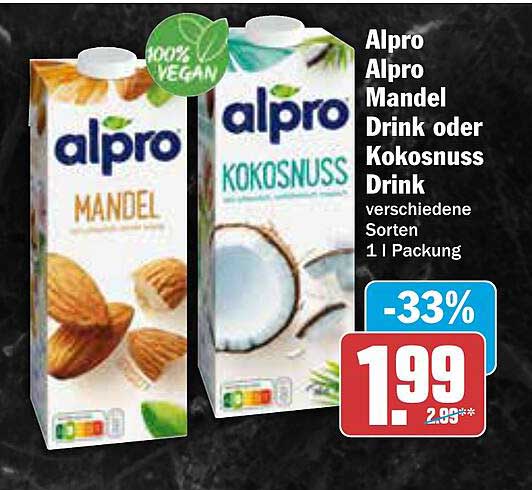 Alpro Mandel Drink oder Kokosnuss Drink - verschiedene Sorten 1 l Packung
