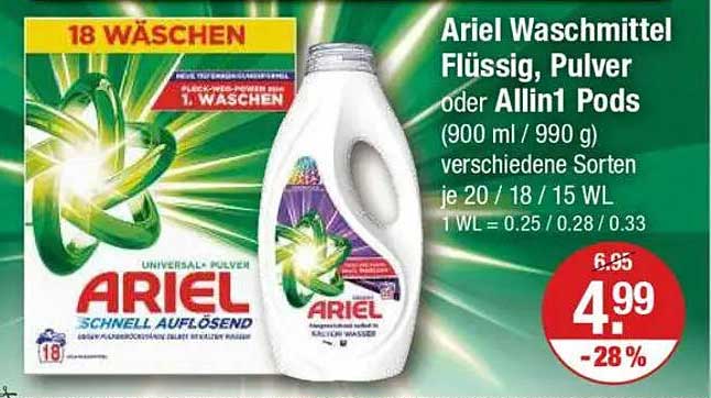 Ariel Waschmittel Flüssig, Pulver oder Allin1 Pods (900 ml / 990 g) verschiedene Sorten