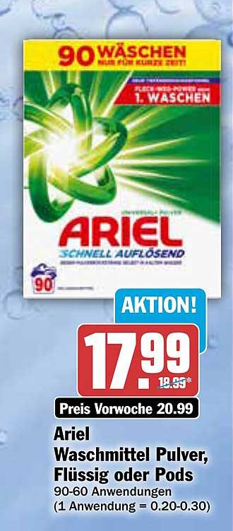 Ariel Waschmittel Pulver, Flüssig oder Pods - 90 Waschladungen