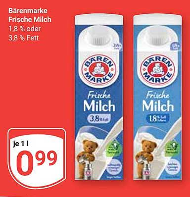 Bärenmarke Frische Milch 1,8 % oder 3,8 % Fett