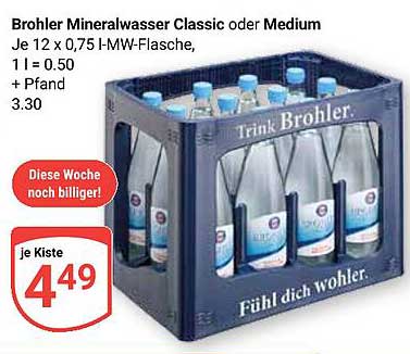 Brohler Mineralwasser Classic oder Medium - 12 x 0,75 l