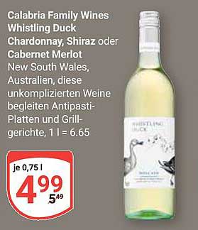 Calabria Family Wines Whistling Duck Chardonnay, Shiraz oder Cabernet Merlot