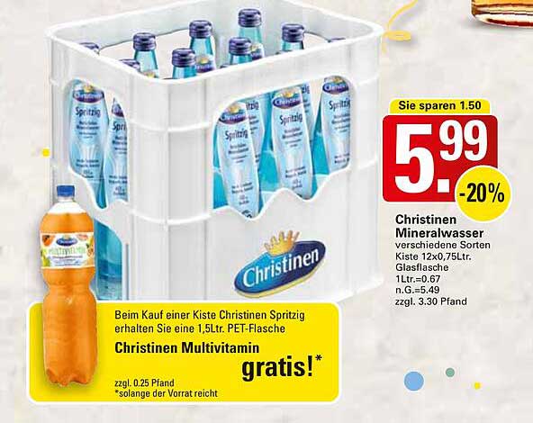 Christinen Mineralwasser 12x0,75L Kiste + gratis Multivitamin