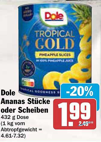 Dole Ananas Stücke oder Scheiben 432 g Dose