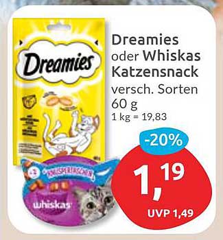 Dreamies oder Whiskas Katzensnack 60 g - 20% Rabatt