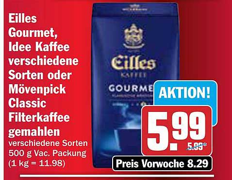 Eilles Gourmet, Idee Kaffee verschiedene Sorten oder Mövenpick Classic Filterkaffee gemahlen 500 g Vac. Packung