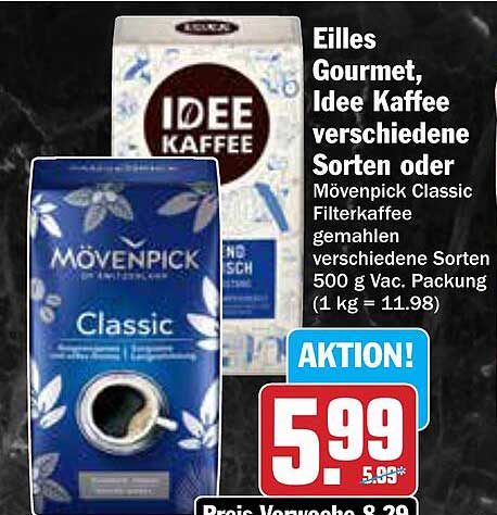 Eilles Gourmet, Idee Kaffee verschiedene Sorten oder Mövenpick Classic Filterkaffee gemahlen 500 g Vac. Packung