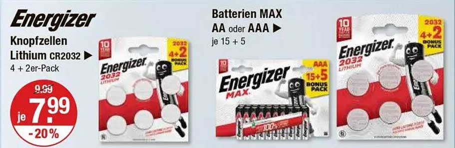 Energizer Knopfzellen Lithium CR2032 – 4 + 2er-Pack