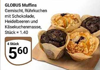 GLOBUS Muffins Gemischt, Rührkuchen mit Schokolade, Heidelbeeren und Käsekuchenmasse