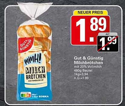 Gut & Günstig Milchbrötchen mit 20% Vollmilch