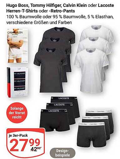 Hugo Boss, Tommy Hilfiger, Calvin Klein oder Lacoste Herren-T-Shirts und Retro-Pants im 3er-Pack