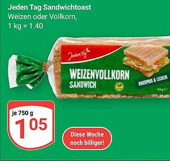 Jeden Tag Sandwichtoast Weizen oder Vollkorn, 750 g