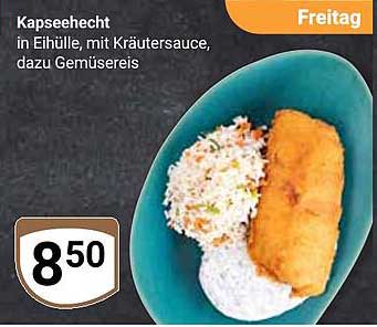 Kapseehecht in Eihülle, mit Kräutersauce, dazu Gemüsereis