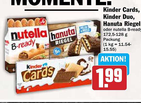 Kinder Cards, Kinder Duo, Hanuta Riegel oder nutella B-ready 172,5-128 g Packung