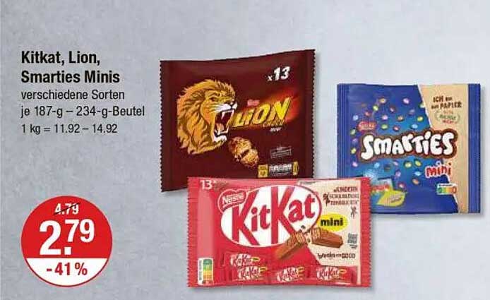 KitKat, Lion, Smarties Minis - verschiedene Sorten je 187-g – 234-g-Beutel