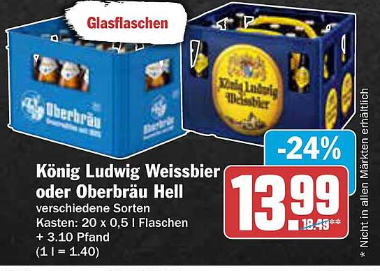 König Ludwig Weissbier oder Oberbräu Hell - Kasten mit 20 x 0,5 l Flaschen