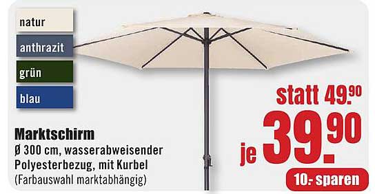 Marktschirm Ø 300 cm, wasserabweisender Polyesterbezug, mit Kurbel