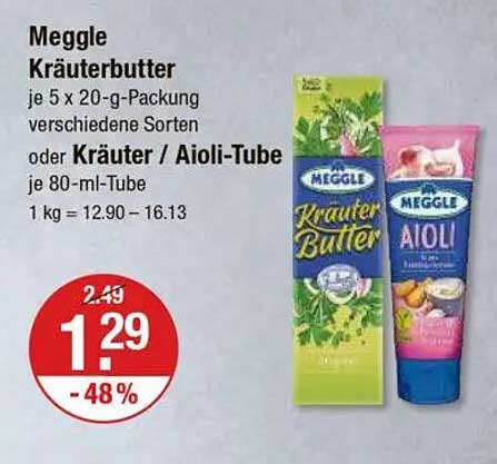 Meggle Kräuterbutter - je 5 x 20-g-Packung verschiedene Sorten oder Kräuter / Aioli-Tube je 80-ml-Tube